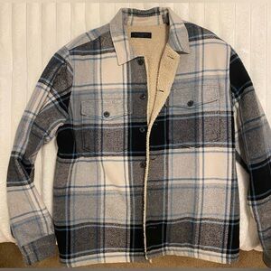 ALLSAINTS Men’s Blue & Grey Melange Plaid Sherpa Lined Shirt Jacket Size Med